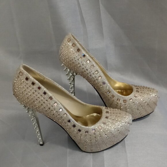 Champagne Rose Rhinestone Gold Spiked Heel 5 1/2in Platform Stiletto - Picture 3 of 12